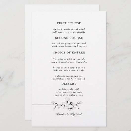Noir et blanc. Menu de mariage botanique gracieux (Devant / Derrière)