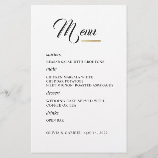 Noir et blanc. Menu mariage de typographie élégant (Devant)
