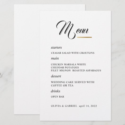 Noir et blanc. Menu mariage de typographie élégant (Devant / Derrière)
