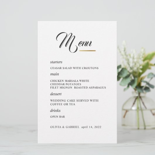 Noir et blanc. Menu mariage de typographie élégant (Debout devant)