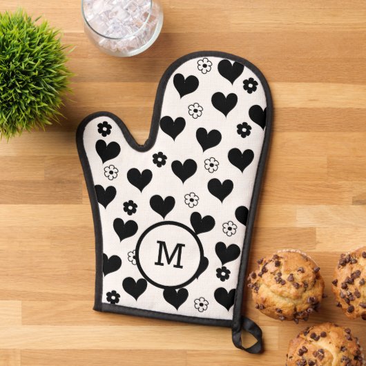 Noir et blanc monogramme coeurs fleurs motif (De haut en bas)