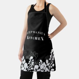 Noir et blanc Nom personnalisé Tablier floral blan