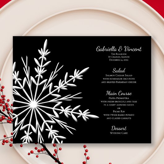 Noir et blanc Snowflake Menu de mariage hivernal