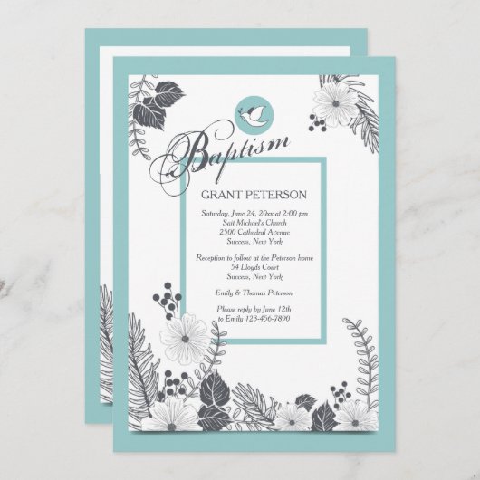 Noir et blanc sur invitation bleue (Devant / Derrière)