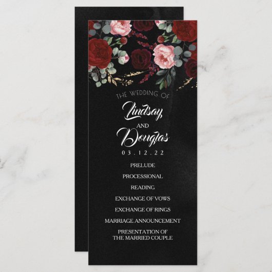 Noir et Bourgogne Red Floral programmes de mariage (Devant / Derrière)