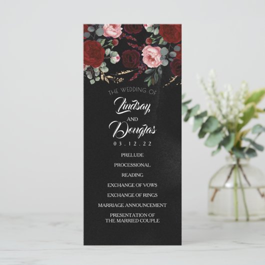 Noir et Bourgogne Red Floral programmes de mariage (Debout devant)