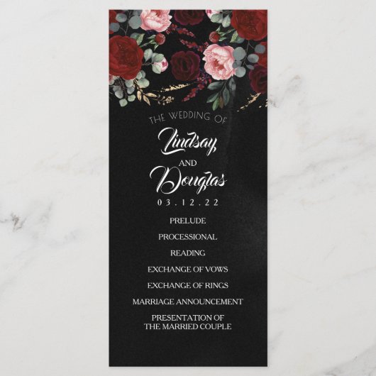 Noir et Bourgogne Red Floral programmes de mariage (Devant)