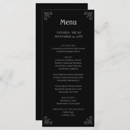 Noir et Faux Argent Simple Elégant Menu (Devant / Derrière)