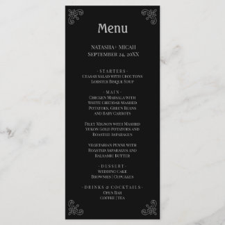 Noir et Faux Argent Simple Elégant Menu
