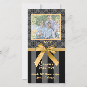 Noir Et Gris Damask Gold Ribbon Carte photo