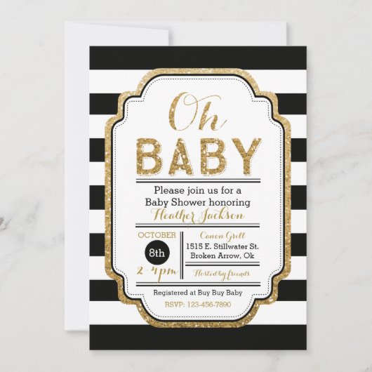 Noir et invitation de baby shower d'or (Devant)