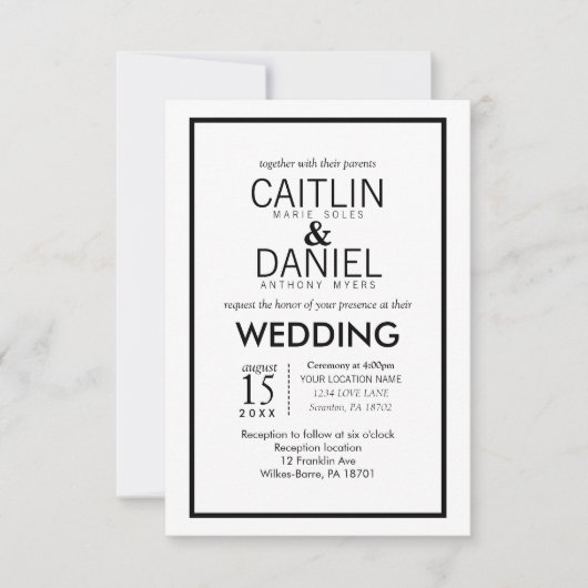 Noir et noir Simple Border Wedding Invitation (Devant)