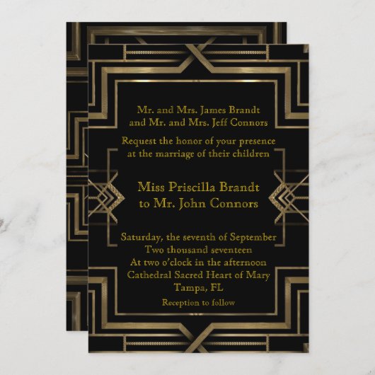 Noir et or de faire-part de mariage, grands-Gatsby (Devant / Derrière)
