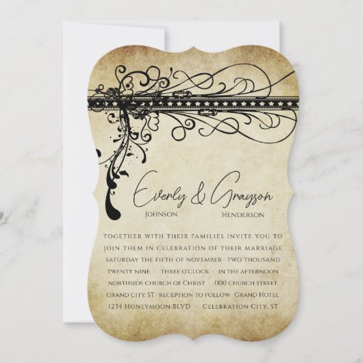 Noir et or Funky Elegant Fils Mariage Invitation (Devant)
