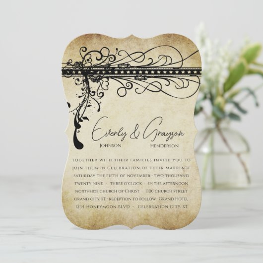 Noir et or Funky Elegant Fils Mariage Invitation (Debout devant)