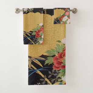 Noir et or Japonais Kimono Floral 3 pièces