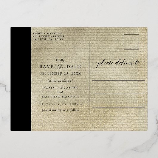 Noir et Or Mariage Foil Enregistrer la date Carte (Verso)