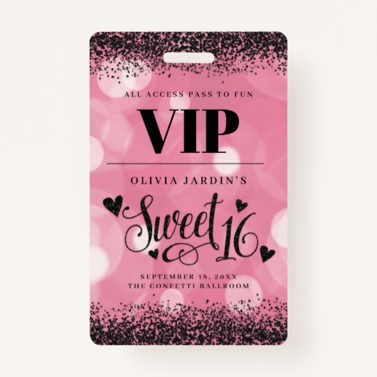 Noir et rose Glam Sweet 16 Badge (Devant)