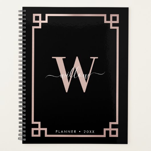 Noir et Rose Gold Rose Clé grecque Monogramme (Devant)