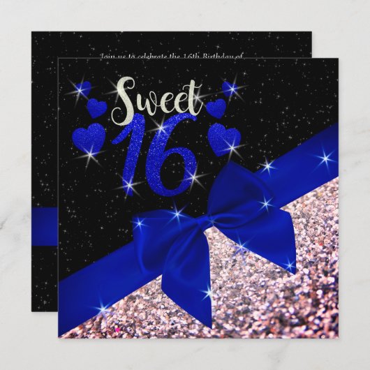 Noir et Royal Blue Glittery Sweet 16 Invitation (Devant / Derrière)
