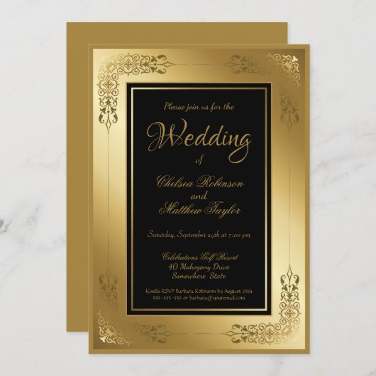 Noir faire-part de mariage avec cadre Or (Devant / Derrière)
