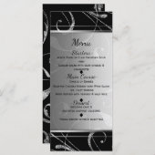 Noir & Faux Argent Floral Swirl Elégant Menu (Devant / Derrière)