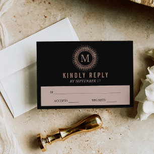 Noir & Faux Rose Gold Déco Monogramme Mariage RSVP