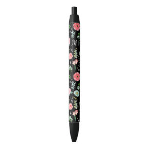 Noir Fleur Monogramme personnalisé Stylo
