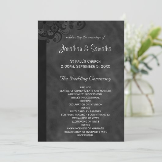 Noir Floral Chalkboard Programmes de mariage gothi (Debout devant)