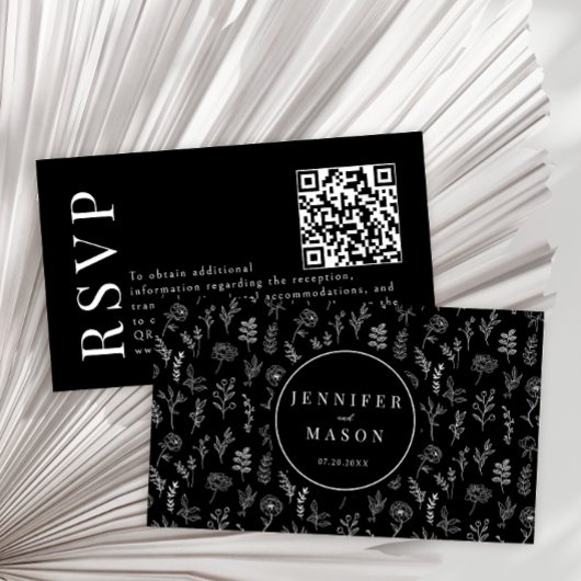 Noir floral moderne mariage RSVP QR cartes de code