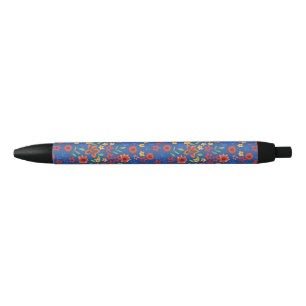 Noir Flore rétro chic imprimé sur stylo bleu