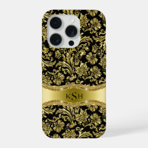 Noir & Métallic Or Floral Damas Monogramme