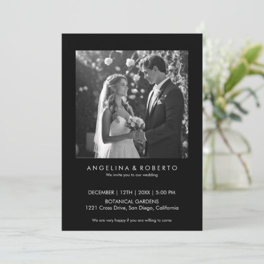 Noir moderne Faire-part de mariage simple avec pho (Debout devant)