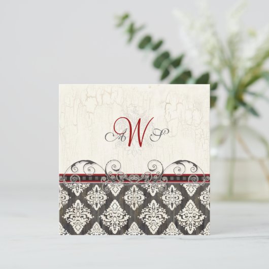 Noir 'n blanc Damask (rouge) Faire-part de mariage (Debout devant)