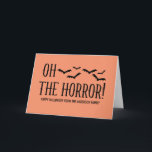 Noir oh la carte de voeux de Halloween d'horreur<br><div class="desc">À la mode et moderne oh la carte de voeux de Halloween d'horreur avec une conception fraîche de typographie et un groupe de battes éffrayantes dans le noir. Cette carte simple et d'amusement des textes de conception peut être facilement customisée avec une salutation de Halloween d'amusement et la couleur d'arrière...</div>