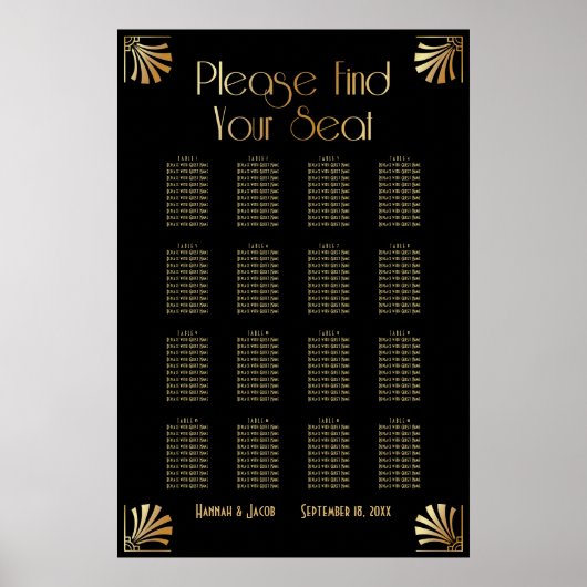 Noir & Or Art Déco 16 Tables Tableau de siège (Devant)