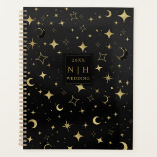 Noir & Or Moderne Céleste Lune Étoiles Mariage