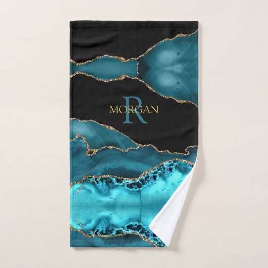 Noir Or & Turquoise Agate, Monogramme & Gold Nom (Serviette à main)