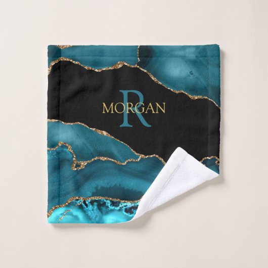 Noir Or & Turquoise Agate, Monogramme & Gold Nom (Gant de toilette)