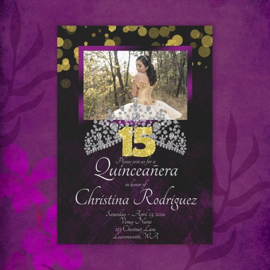 Noir, Or, Violet Quinceanera Tiara Invitation