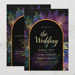 Noir Peacock Jewel Tones Floral Wedding Kaart