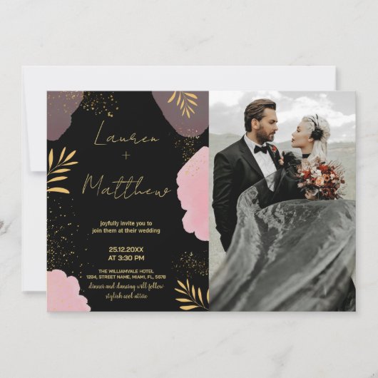 Noir rose Golden Wedding Invitations avec photo (Devant)
