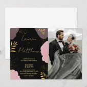 Noir rose Golden Wedding Invitations avec photo (Devant / Derrière)