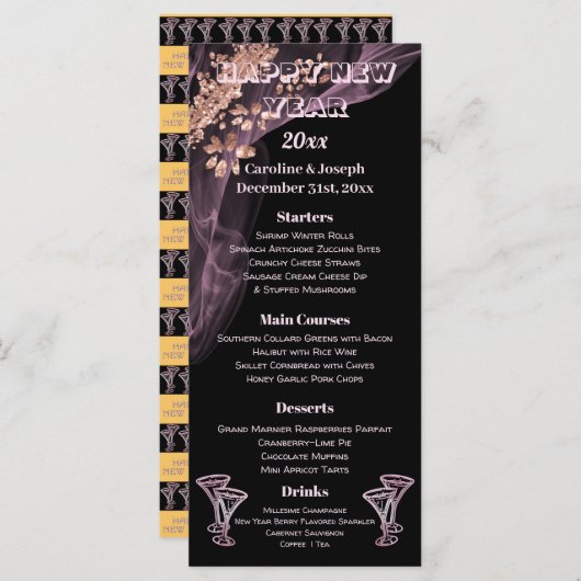 Noir Rose Or Nouvel An Menu & Champagne Lunettes (Devant / Derrière)