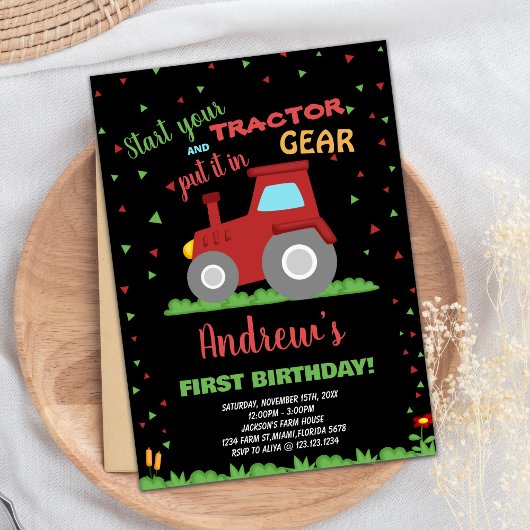 NOIR ROUGE Vert Grass Tracteur Invitations Anniver