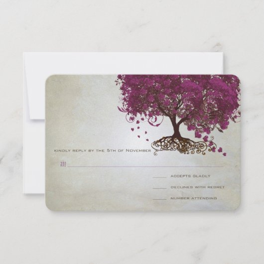 Noir Sangria Coeur Feuille Arbre Mariage RSVP (Devant)