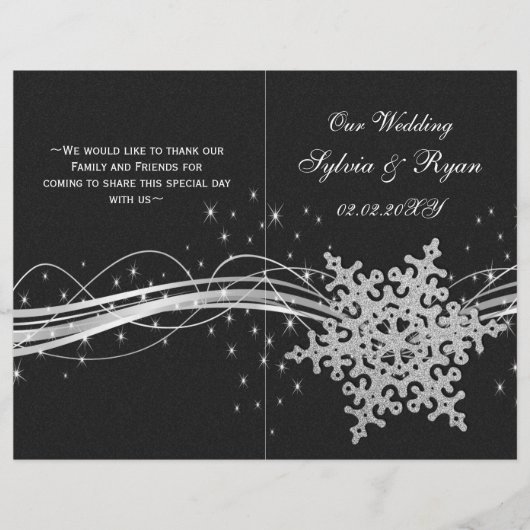 noir Silver Snowflakes programmes de mariage pliés (Devant)