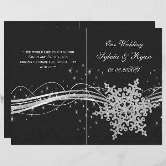 noir Silver Snowflakes programmes de mariage pliés (Devant / Derrière)