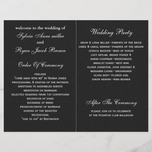 noir Silver Snowflakes programmes de mariage pliés (Dos)