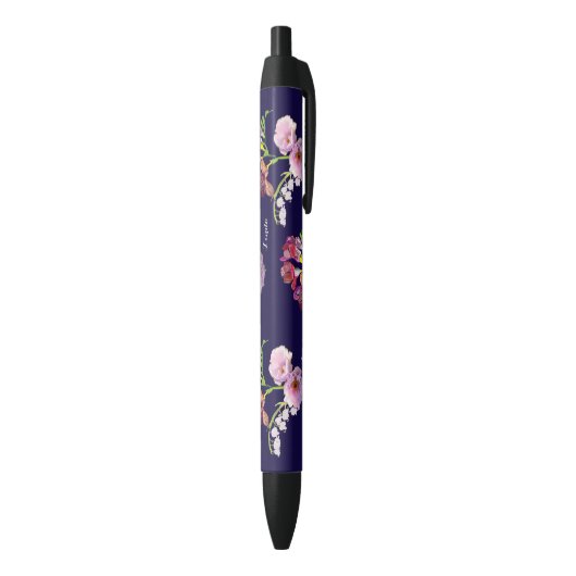 Noir Stylo Bleu Floral avec Nom (Bas (Vertical))